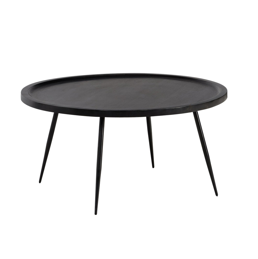 Sofabord 75x75x38 cm, massivt mangotræ, sort metal, rundt sofabord, designer stuebord med naturlig træåring, tidløst sofabord til stuen