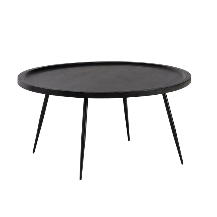 Sofabord 75x75x38 cm, massivt mangotræ, sort metal, rundt sofabord, designer stuebord med naturlig træåring, tidløst sofabord til stuen