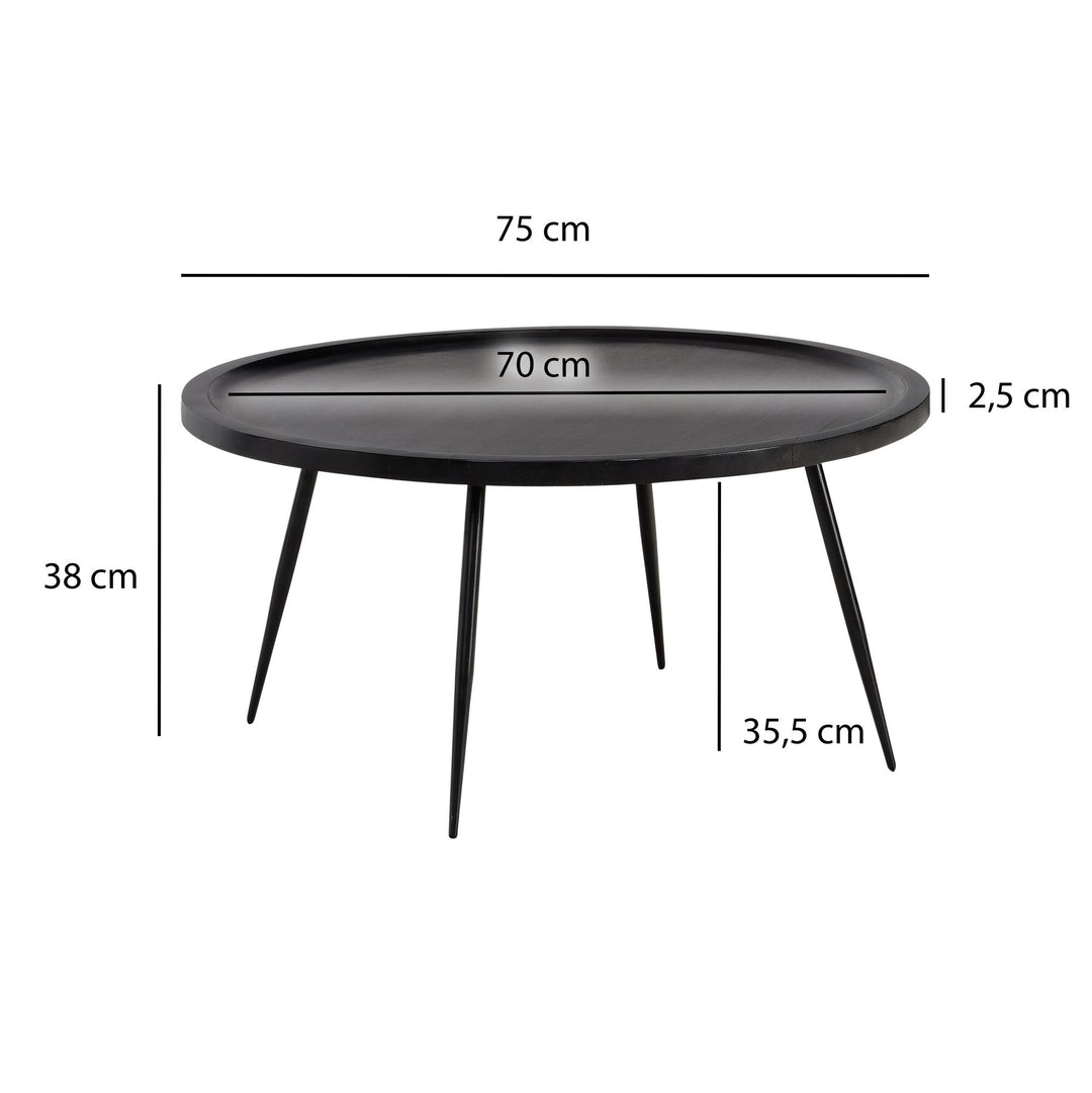 Sofabord 75x75x38 cm, massivt mangotræ, sort metal, rundt sofabord, designer stuebord med naturlig træåring, tidløst sofabord til stuen