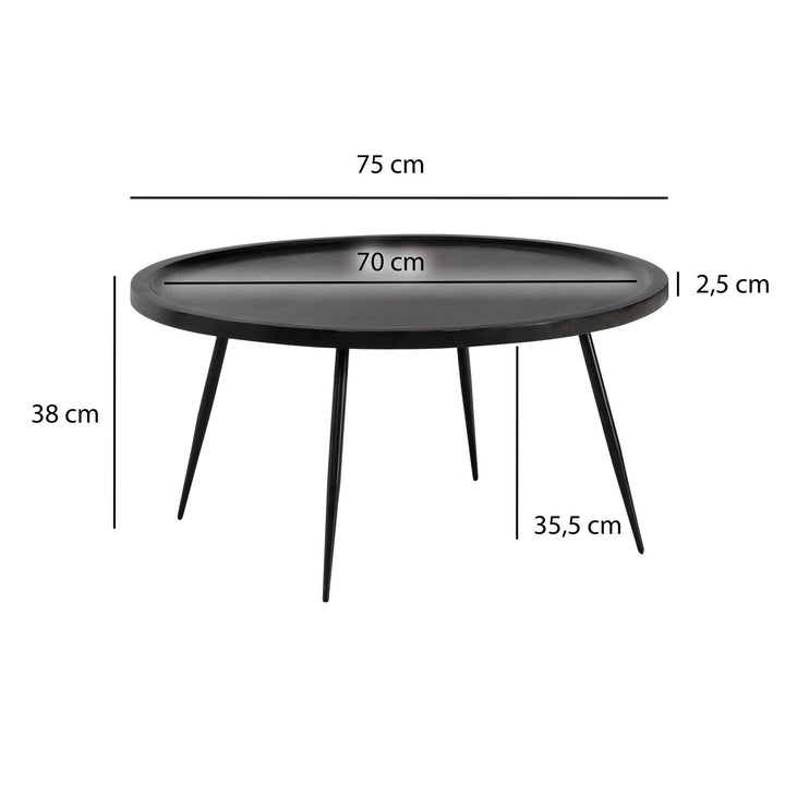 Sofabord 75x75x38 cm, massivt mangotræ, sort metal, rundt sofabord, designer stuebord med naturlig træåring, tidløst sofabord til stuen
