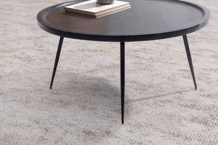 Sofabord 75x75x38 cm, massivt mangotræ, sort metal, rundt sofabord, designer stuebord med naturlig træåring, tidløst sofabord til stuen