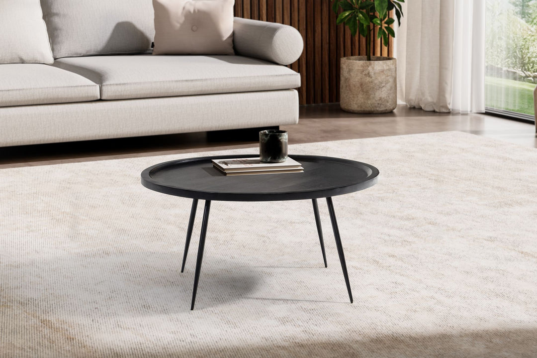 Sofabord 75x75x38 cm, massivt mangotræ, sort metal, rundt sofabord, designer stuebord med naturlig træåring, tidløst sofabord til stuen