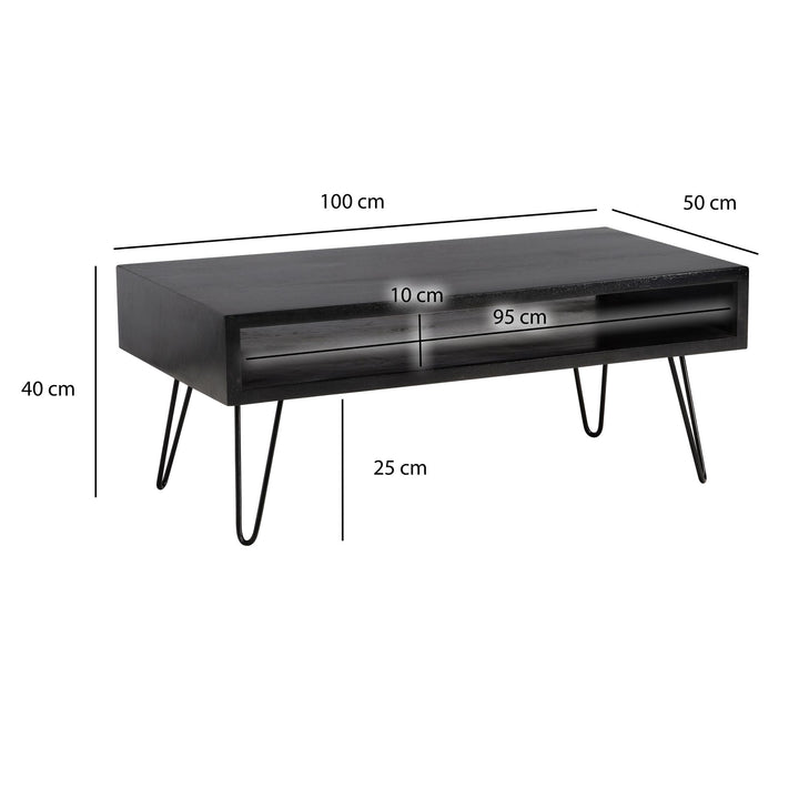 Elegant sofabord med hårnåleben, håndlavet i massivt træ, 100x50x40 cm, mat sort