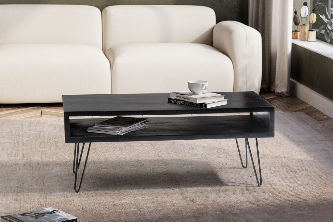 Elegant sofabord med hårnåleben, håndlavet i massivt træ, 100x50x40 cm, mat sort