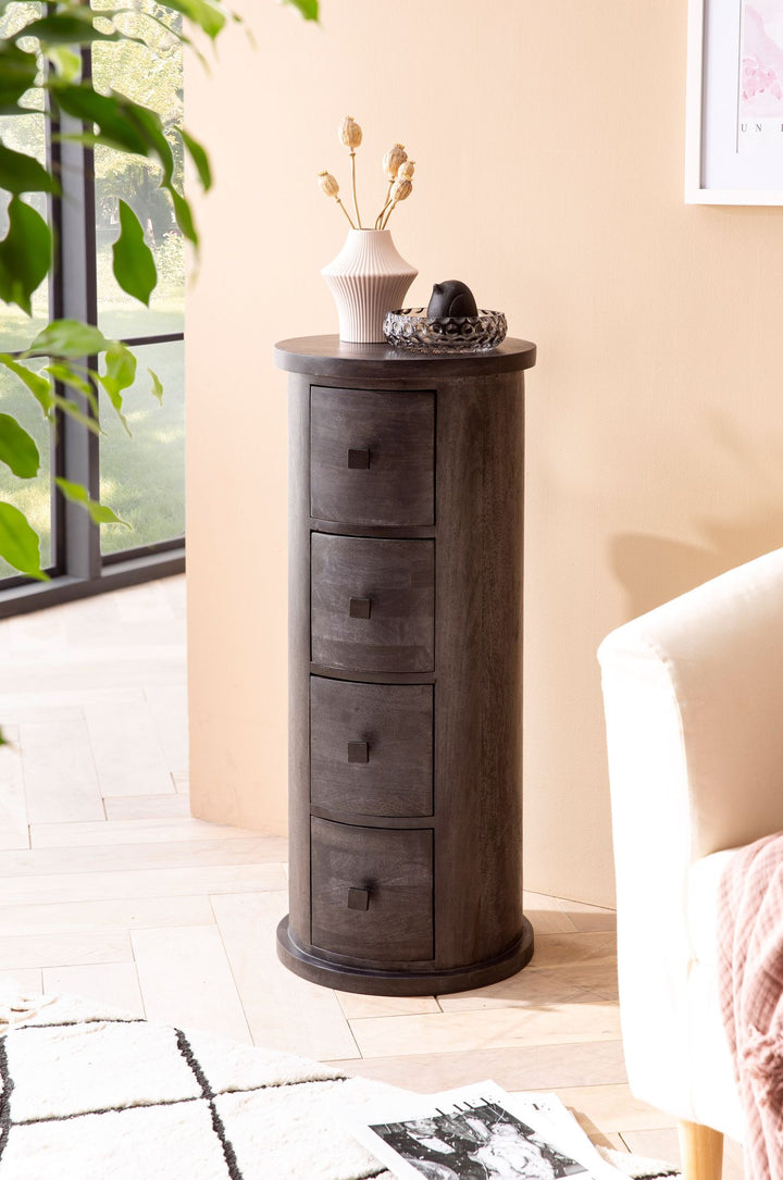 Design skænk Mango massivt træ sort 34x85x34 cm, skab med 4 skuffer, smalt sideskab massivt træ, mini kommode rund