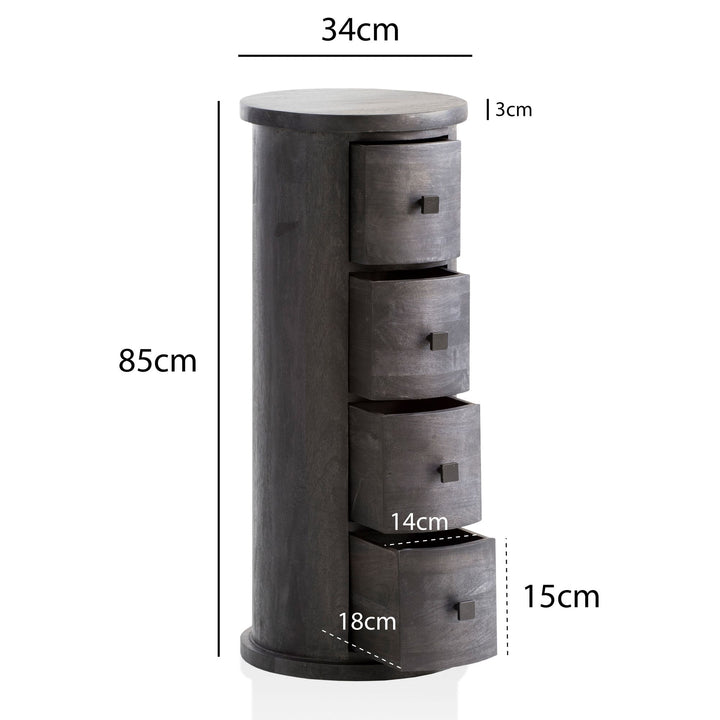 Design skænk Mango massivt træ sort 34x85x34 cm, skab med 4 skuffer, smalt sideskab massivt træ, mini kommode rund