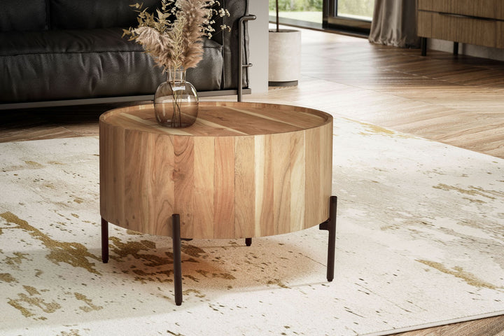 Sofabord i massivt træ i akacie 60x60x41 cm rundt med metalstel