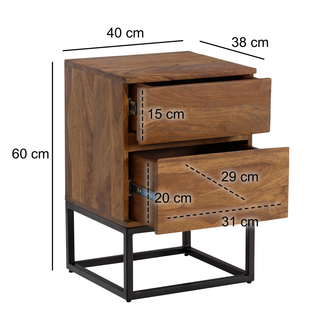 Sheesham sengebord i massivt træ og metal, 40x38x60 cm, natbord til boxmadras, designer natbord med 2 skuffer, industrielt natbord med opbevaringsplads