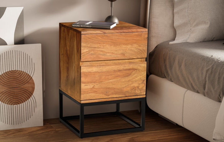 Sheesham sengebord i massivt træ og metal, 40x38x60 cm, natbord til boxmadras, designer natbord med 2 skuffer, industrielt natbord med opbevaringsplads