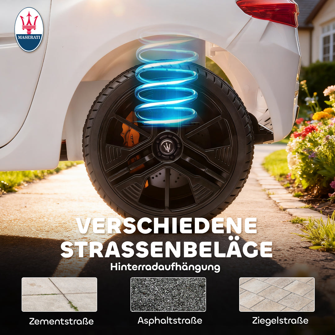 Maserati elbil til børn, 2-personers, 12V batteridrevet, fjernbetjening, LED-lys, musikfunktion, hvid