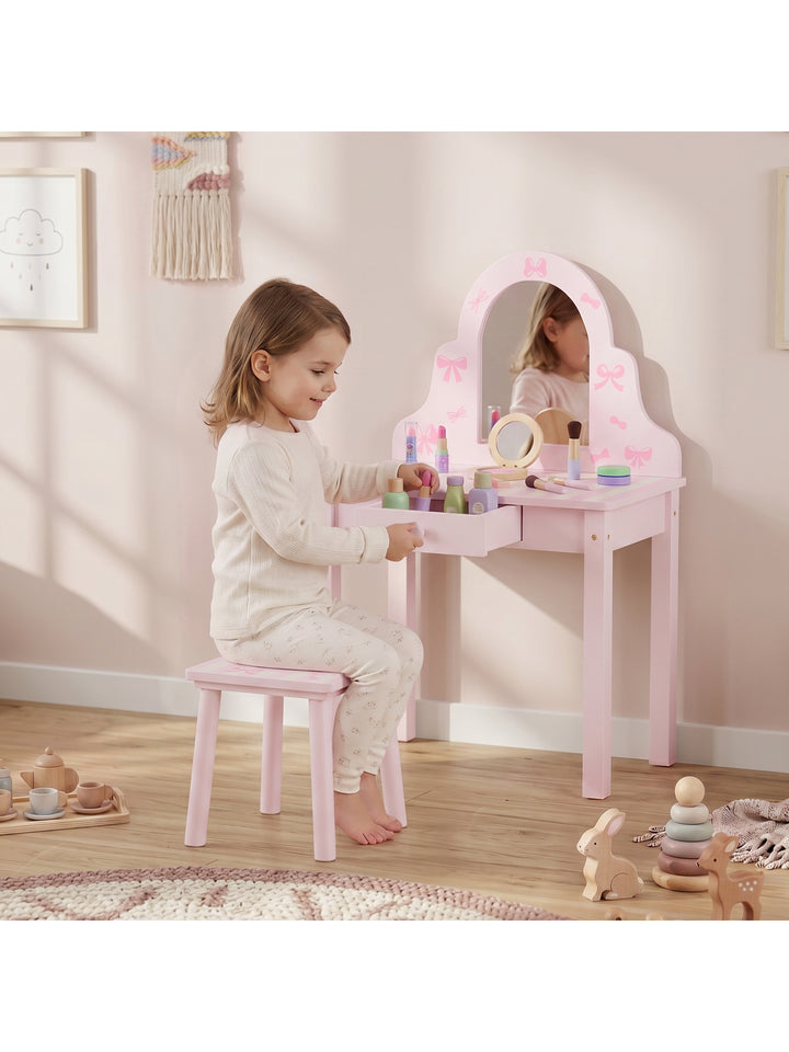 Børne 2-i-1 toiletbordsæt med skammel til piger i alderen 3-6 år, pink