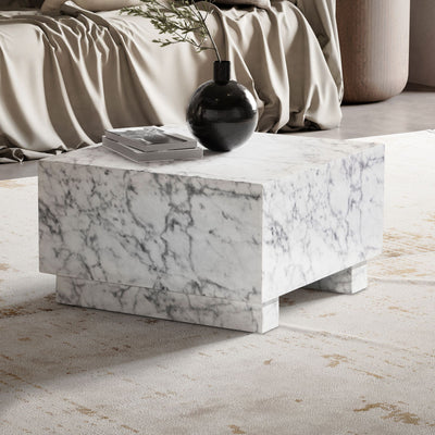 Sofabord MONOBLOC i hvid højglans med marmorlook - kvadratisk