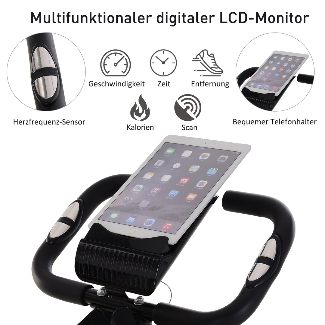 X-bike 2-i-1 motionscykel med lcd-skærm, pulsmåler, foldbar motionscykel med 8 niveauer af magnetisk modstand, 1 par spændereb, stål, sort, 105 x 48 x 118 cm