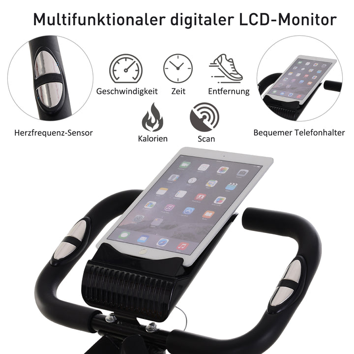 X-bike 2-i-1 motionscykel med lcd-skærm, pulsmåler, foldbar motionscykel med 8 niveauer af magnetisk modstand, 1 par spændereb, stål, sort, 105 x 48 x 118 cm