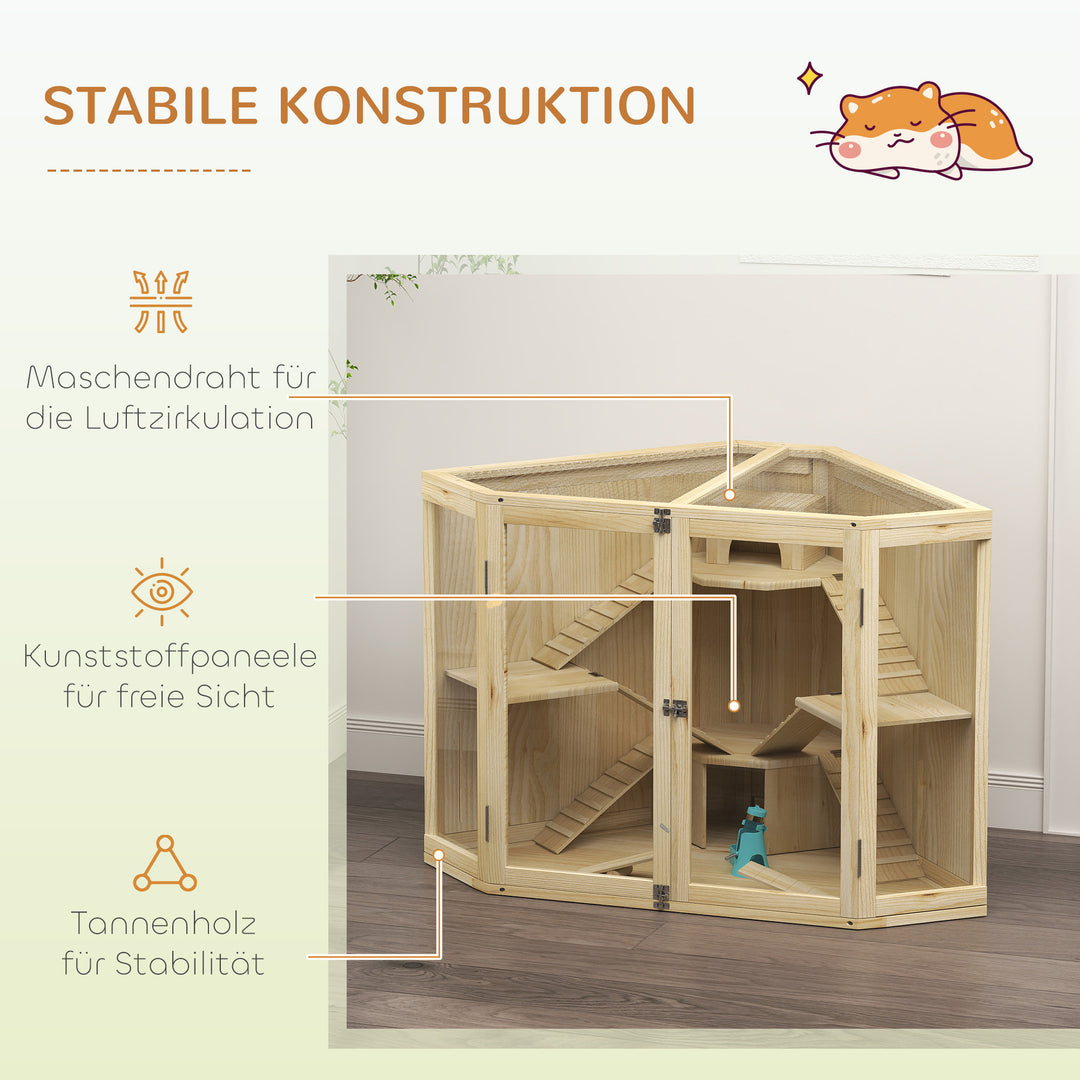 Hamsterbur, 4-etagers design, med foderstation, vippe, rampe, hytter, 115 x 69,5 x 79 cm, træ