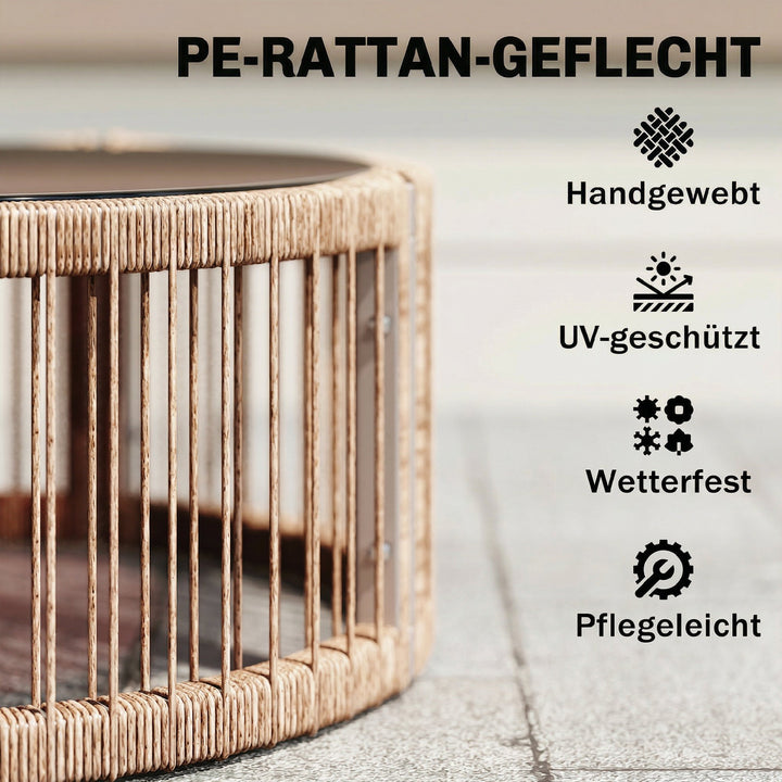4-delt havemøbelsæt, polyrattan loungesæt med to personer, 2 lænestole, glasbord, bredt og dybt sæde, tykke hynder