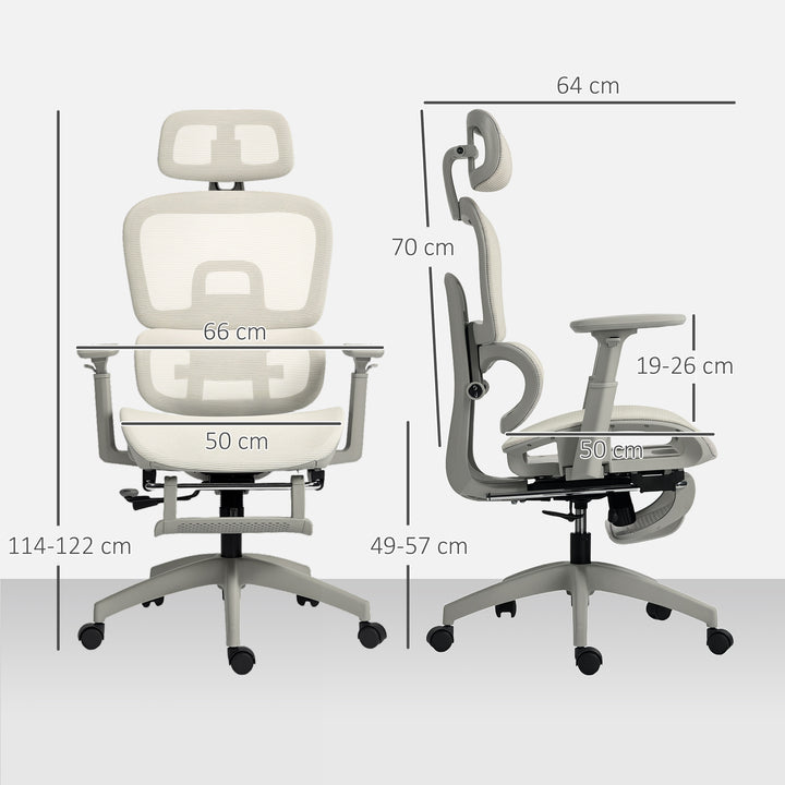 Kontorstol, ergonomisk skrivebordsstol med betræk af netstof, justerbar, hjul, med armlæn og nakkestøtte, beige
