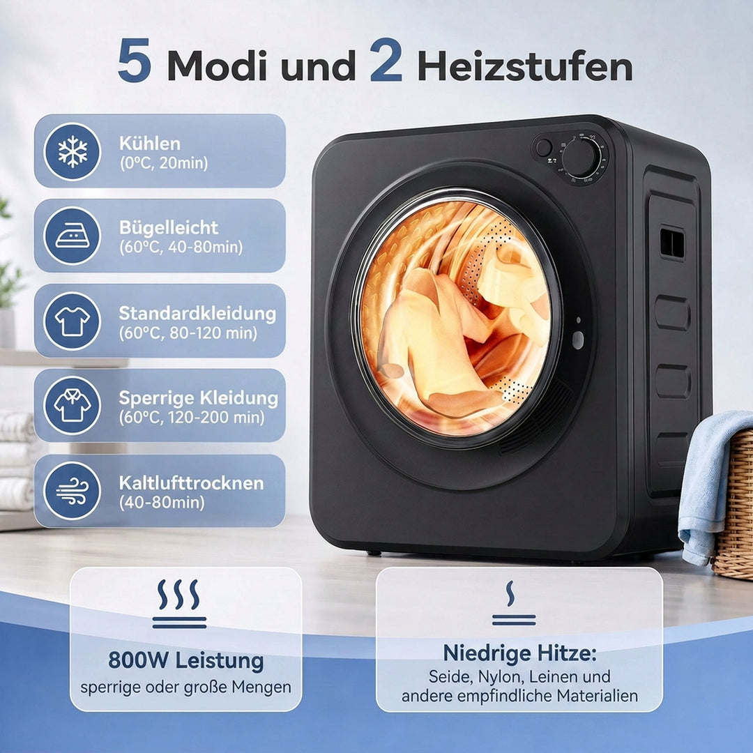 Mini tørretumbler, 4 kg kapacitet, 5 programmer, 800W/400W, fritstående, sort