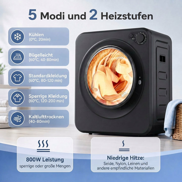 Mini tørretumbler, 4 kg kapacitet, 5 programmer, 800W/400W, fritstående, sort