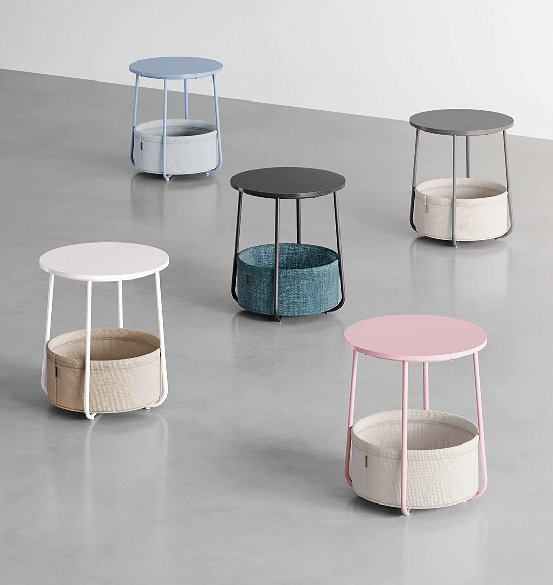 Lille rundt sofabord med stofkurv, opbevaring, cement-grå og hvid