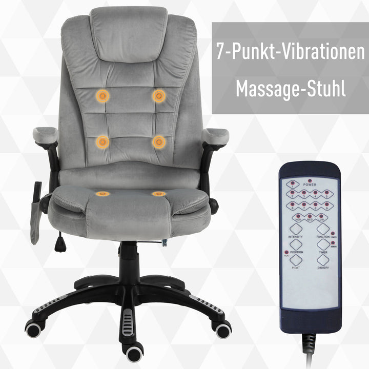 Kontorstol med vibrationsmassage, ergonomisk skrivebordsstol med varme- og lænefunktioner, højdejusterbar lederstol med fjernbetjening, sidelomme, fløjlslook, brun