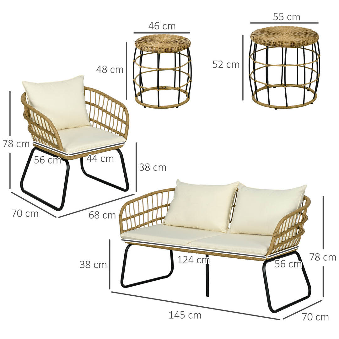 Rattan loungesæt udendørs siddegruppe, boho stil, 5-delt sæt, 145 x 70 x 78 cm, creme + natur + sort