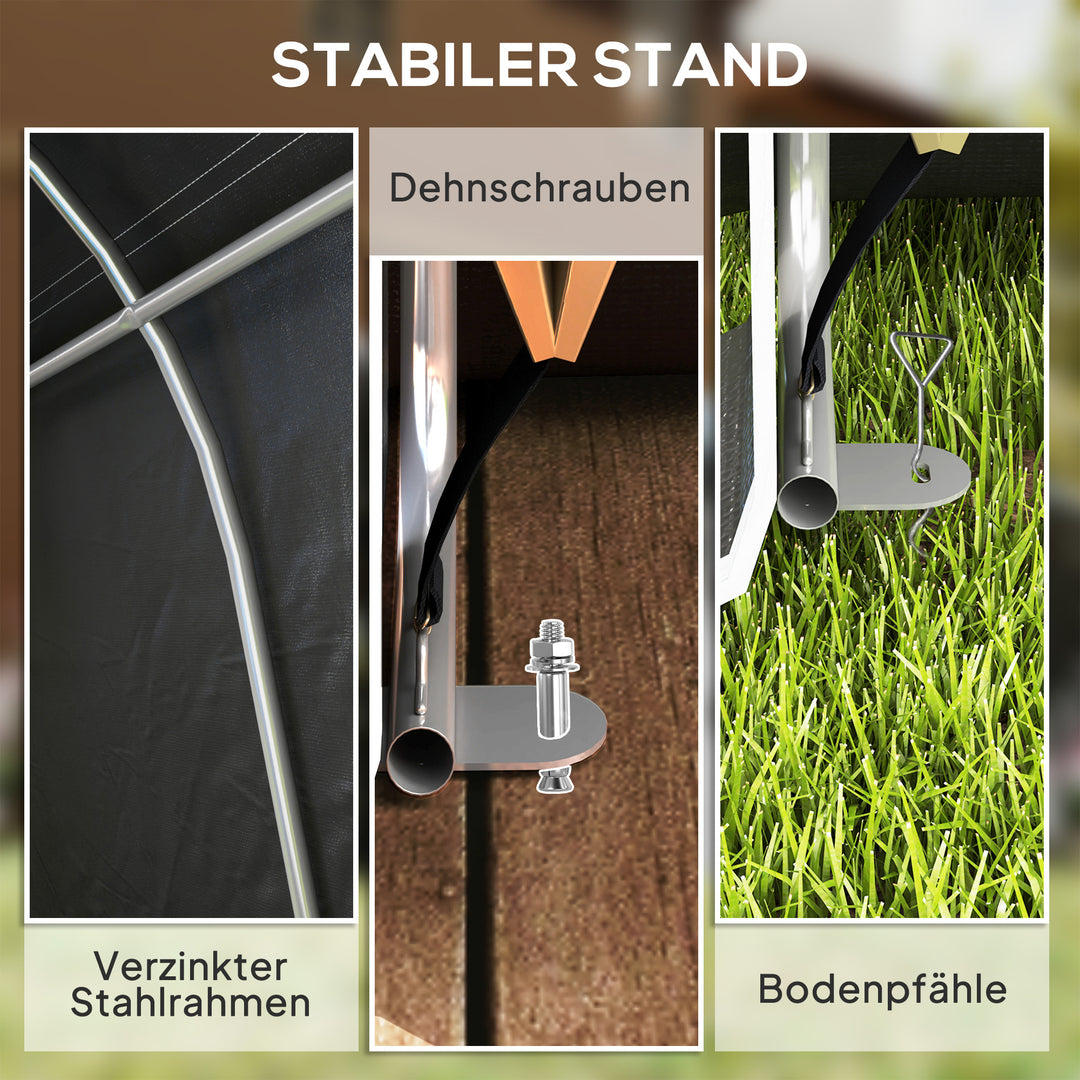 Haveskur med plastikpresenning, værktøjstelt og aftagelig garage, 300b x 600d x 230h cm, mørkegrå