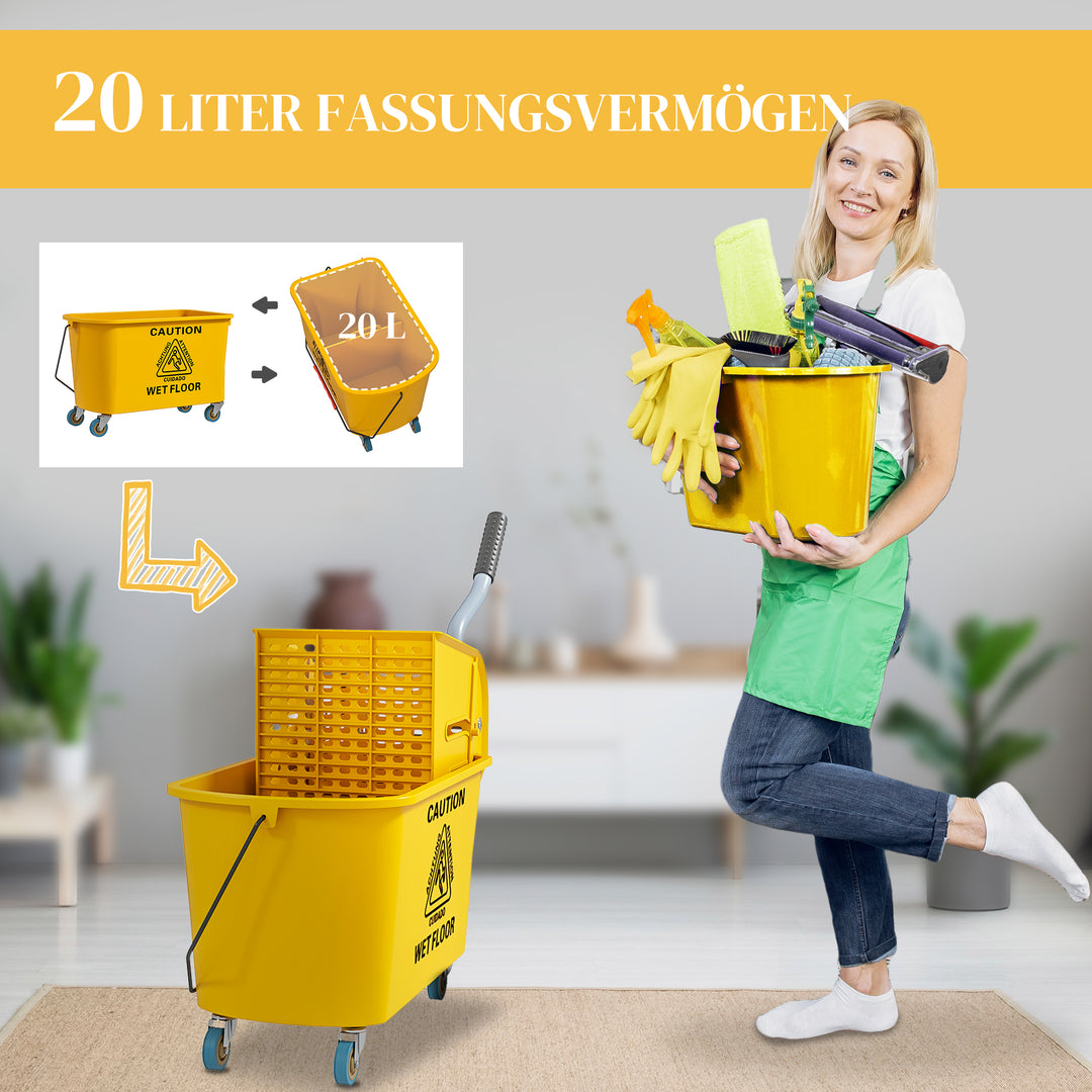 Rengøringsvogn 20L, rengøringsvogn med presse og fejesæt, spand inkl. moppe, rulle
