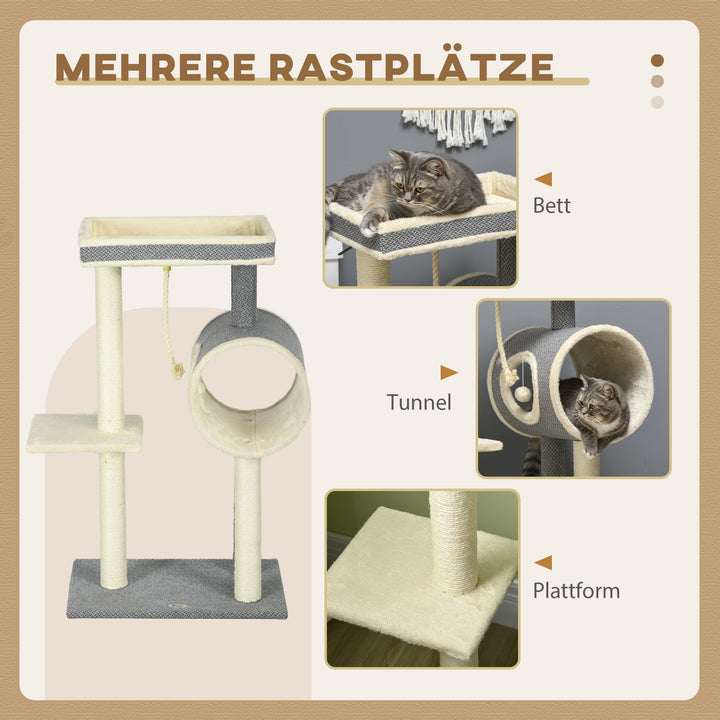 Kradsetræ, 1 kattehule, 2 hvileområder, 60 cm x 40 cm x 104 cm, grå + natur