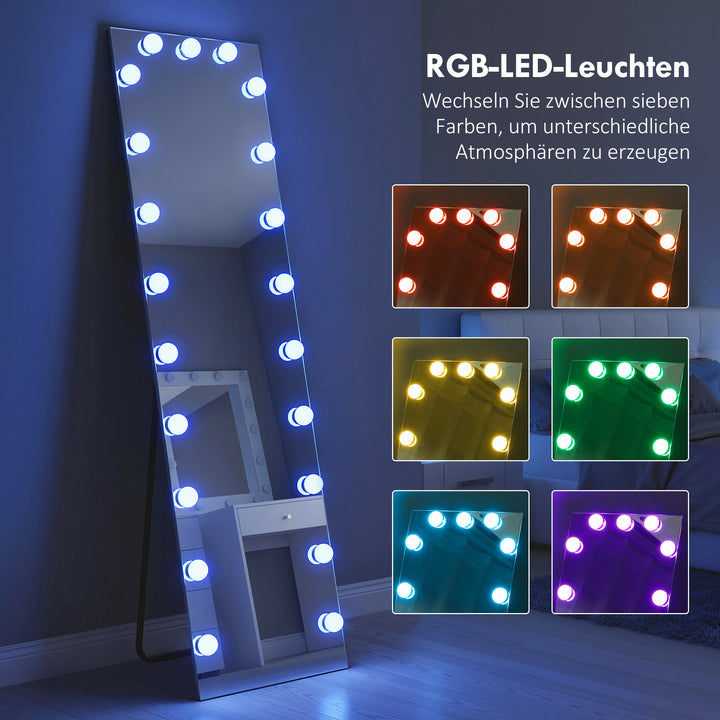 Helfigursspejl 150x40 cm RGB-LED stående spejl med 21 pærer, 7 lysfarver, touch-afbryder, hukommelsesfunktion