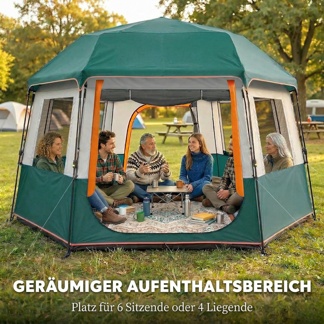 Campingtelt til 4-6 personer, stabilt 3000 mm vandtæt familietelt med aftageligt topdæksel, UV30+ beskyttelse, grøn