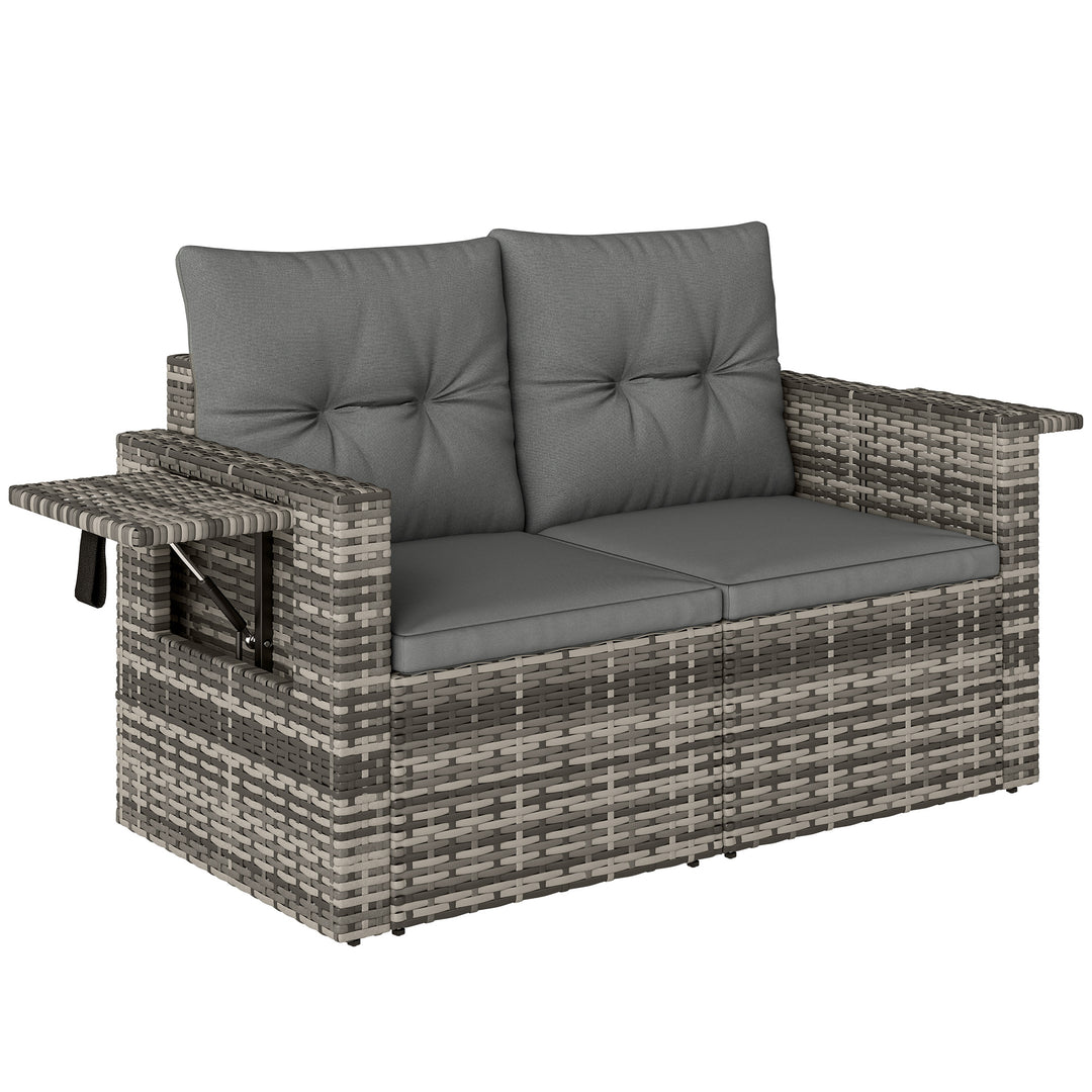 2-personers rattansofa med hynder, foldbare sidebakker, loungesofa, siddegruppe, lysegrå