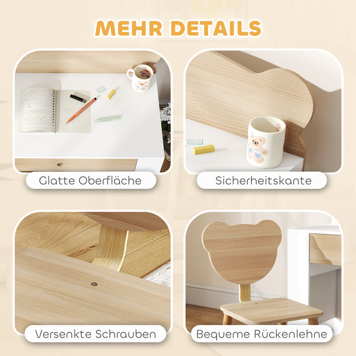 Børne skrivebordssæt, bjørneformet skrivebord og stol med skuffe, til skrivning og kreativitet, alder 3-8, naturtræ