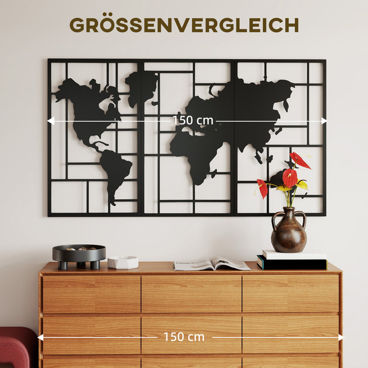 Metal vægdekoration, 3 dele, verdenskort vægkunst til stue, soveværelse, entré, 50 x 80 cm, sort