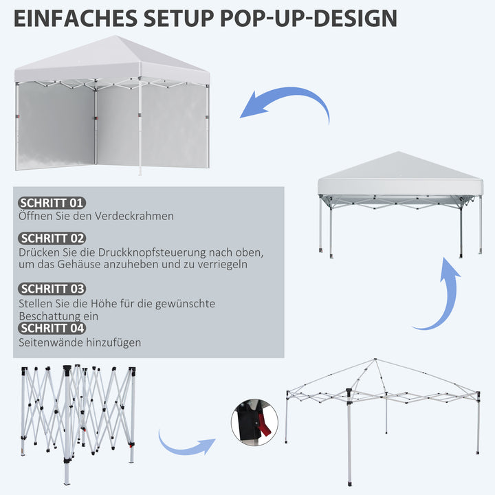 Foldbar pavillon, 2 sidepaneler, højdejusterbar, med bæretaske, stel i rustfrit stål, 3x3 m, hvid