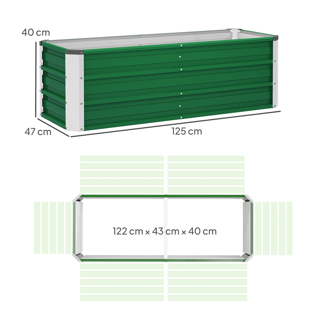 Højbed i metal, 2 separate planteområder, åben bund, nem montering, 125 x 47 x 40 cm, grøn