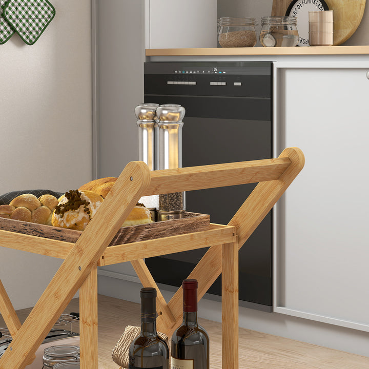 Køkkenvogn på hjul, serveringsvogn med 3 vinreoler, 2 bakker, til køkken, spisestue, bambustræ, lysebrun