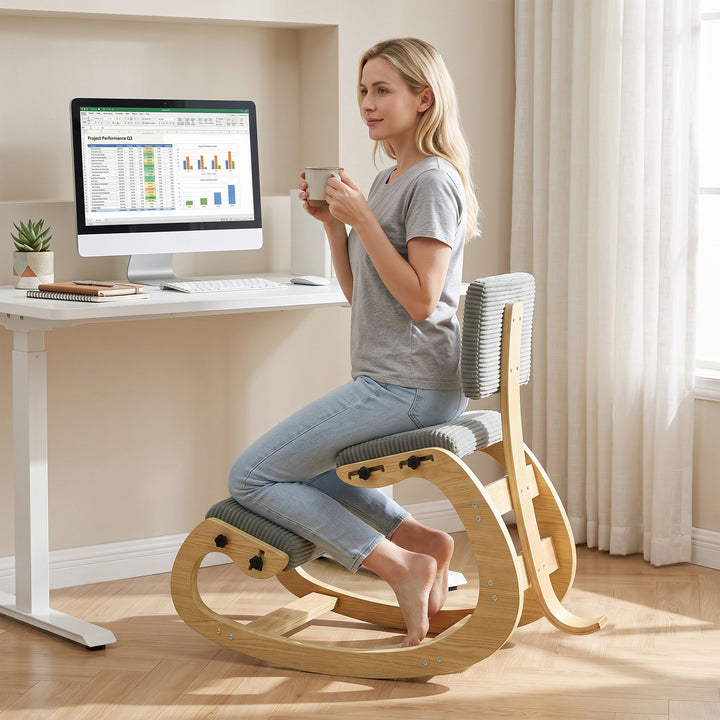 Ergonomisk knælestol med ryglæn, corduroy-look, grå
