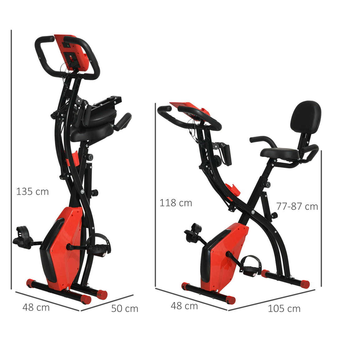 X-bike 2-i-1 motionscykel med lcd-skærm, pulsmåler, foldbar motionscykel med 8 niveauer af magnetisk modstand, 1 par spændereb, stålrød 105 x 48 x 118 cm
