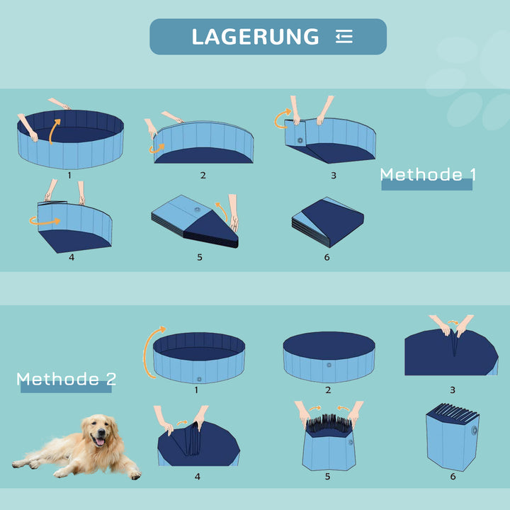 Sammenklappeligt hundebadekar, hundepool, swimmingpool, børnepool, badekar til hunde og katte, vandbassin af plastik og træ, Ø140 x H30 cm, blå