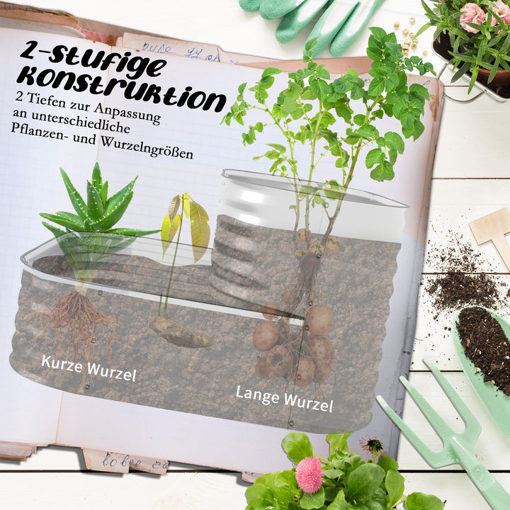 Højbed i metal, 2 niveauer, vejrbestandig, åben bund, 120 x 90 x 30 cm, farve: sølv