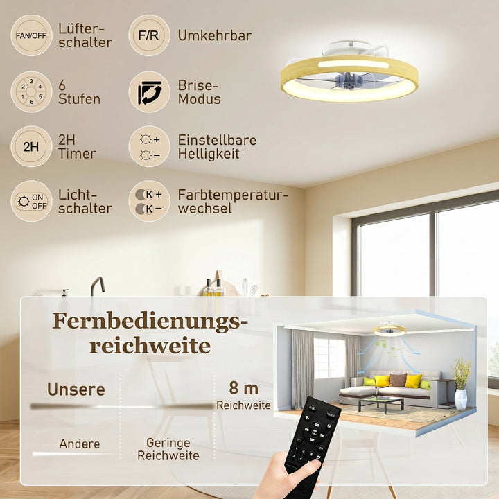 Loftventilator med lys og fjernbetjening, 49 cm LED-loftventilator med 3 farvetemperaturer, naturlig træfinish