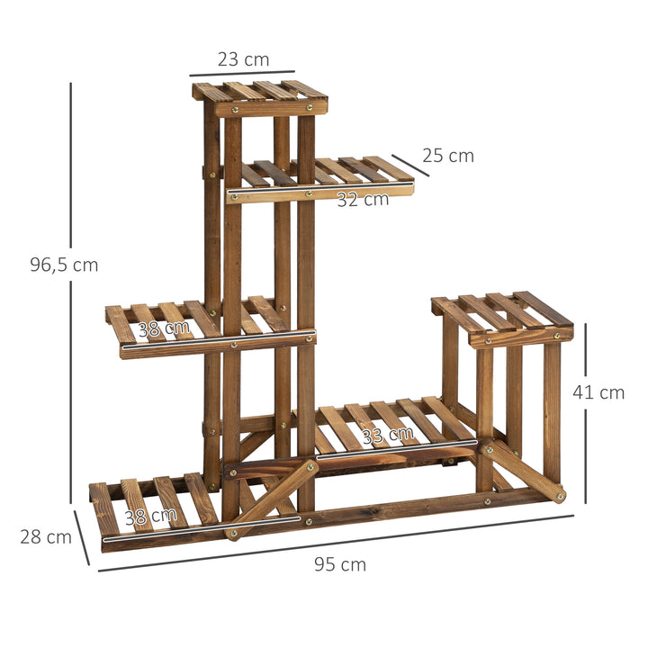 Blomsterstativ, plantehylde, 6 etager, fire-etagers blomsterreol, blomsterstige, massivt træ, forkullet, 98 x 28 x 96,5 cm