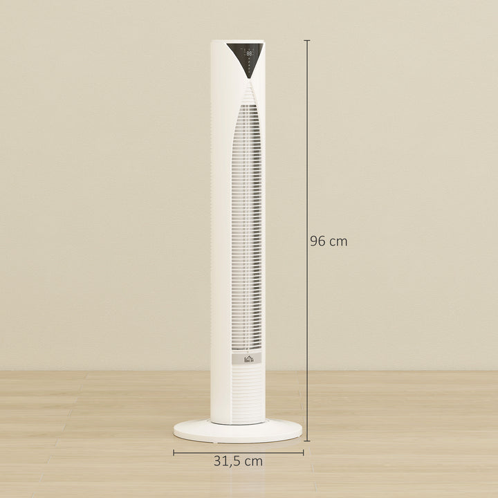70° oscillerende tårnventilator med fjernbetjening, 4 tilstande, 3 hastigheder, timer, 31,5 x 31,5 x 96 cm, hvid