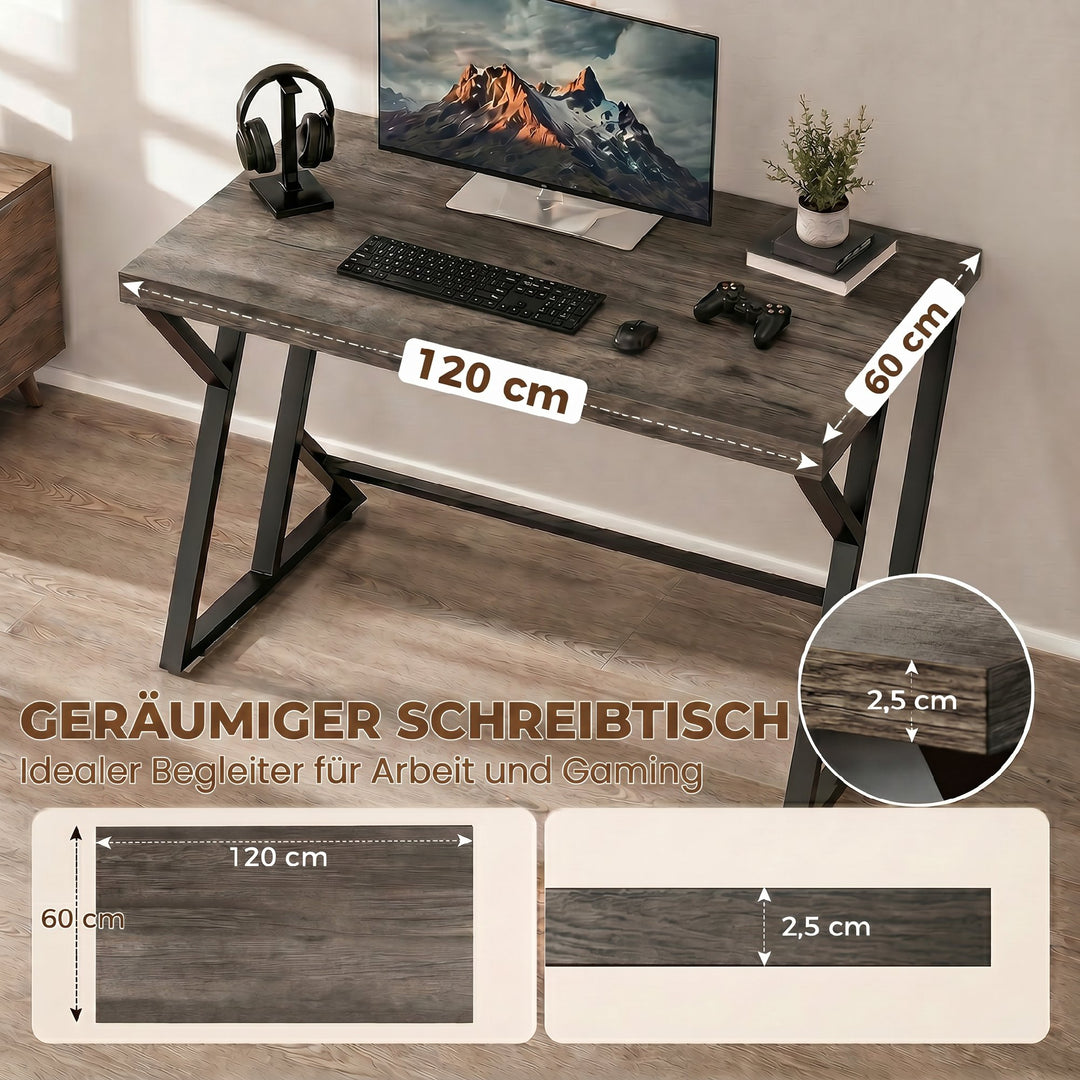 Skrivebord/computerbord 120x60cm, kontorbord med Z-formet metalbase, trælook, industrielt design til kontor, grå