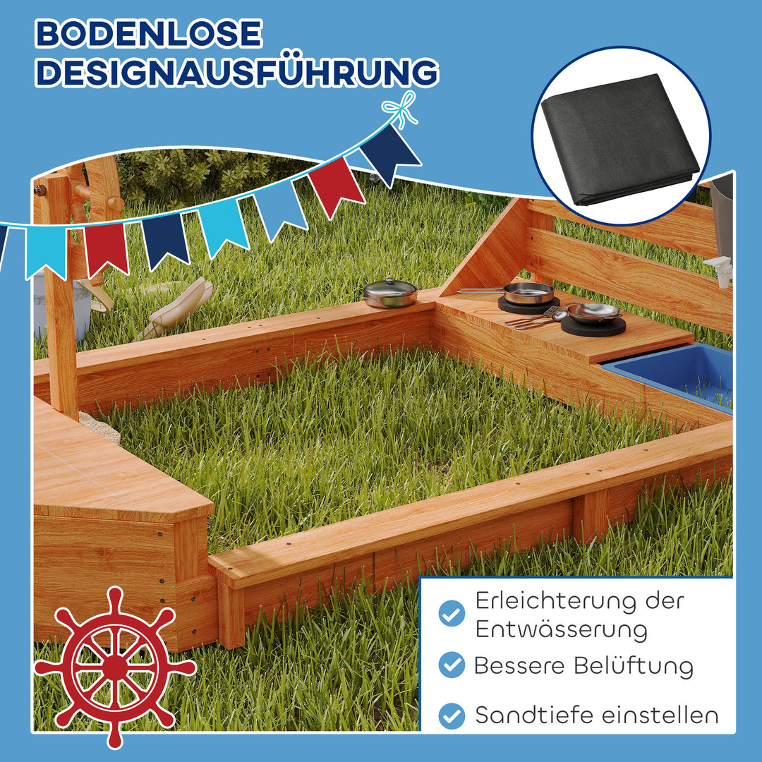 Sandkasse med soltag, piratskib, inklusive børnekøkkenlegesæt, massivt træ, 180 x 103 x 144,5 cm, grøn