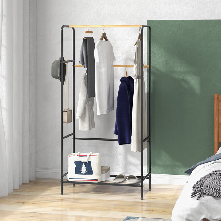 Tøjstativ, 2 tøjstænger, hylde og kroge, bambus/stål, sort