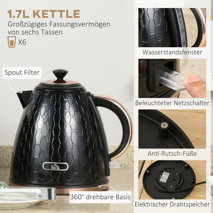 2-i-1 køkkensæt, brødrister og elkedel, flere muligheder, 1,7 L, rister 4 skiver ad gangen, plastik, sort