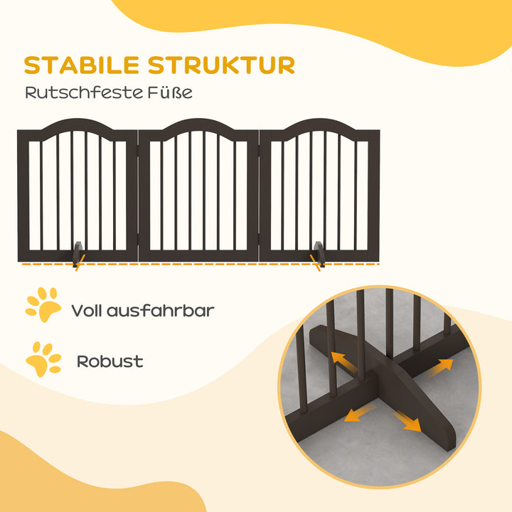 Hundegitter, 3 paneler, foldbar, massivt træ og mdf, 154,5 x 29,5 x 61 cm, kaffe