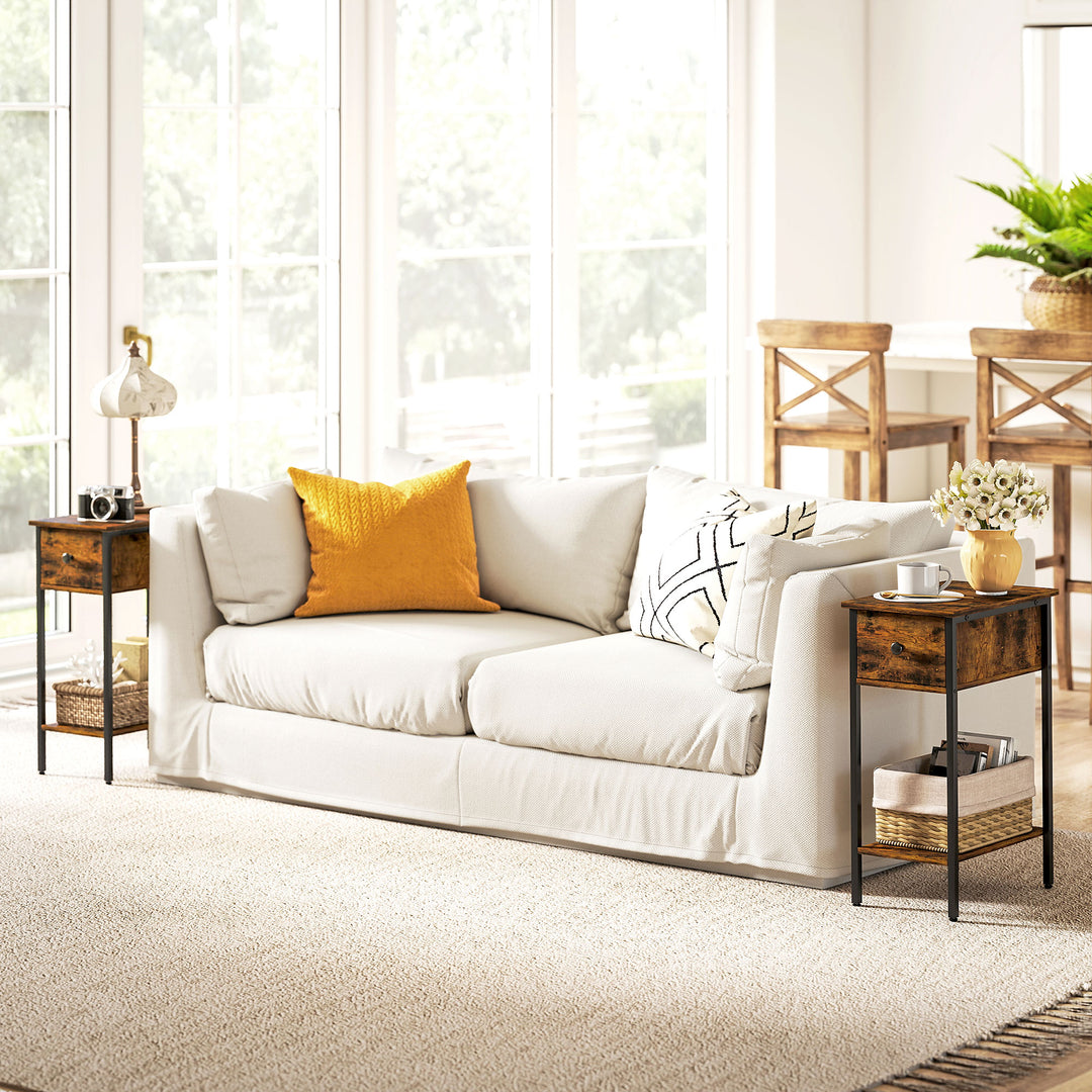 Sidebord med åbent rum og skuffe, sengebord, metalben, træ, brun